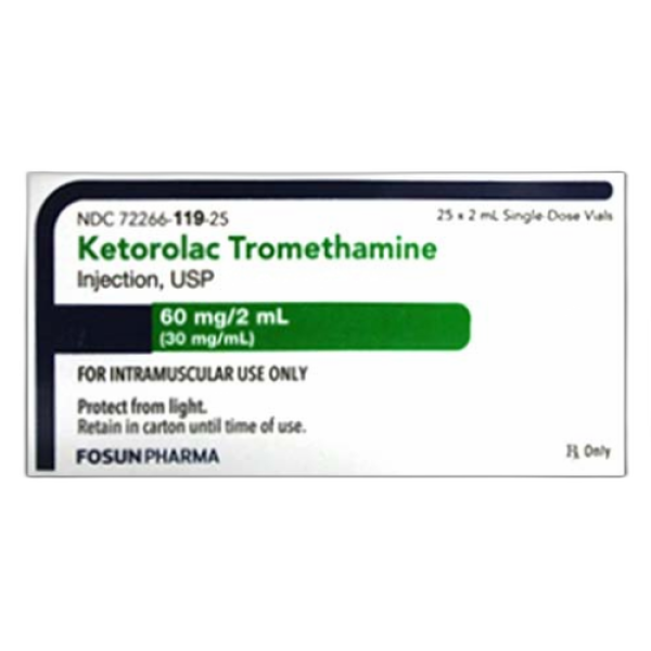Ketorolac Tromethamine (Toradol), 25/Box, 60mg/mL Vials, 25/Box, NDC: 72266-0119-25, Fosun