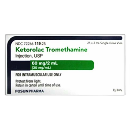 Ketorolac Tromethamine (Toradol), 25/Box, 60mg/mL Vials, 25/Box, NDC: 72266-0119-25, Fosun