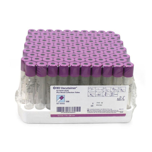 Vacutainer Blood Collection Tube with K2 EDTA, Plastic, Lavender Hemogard Closure, See-Thru Label, 16 x 100 mm, 10 mL, 18 mg
