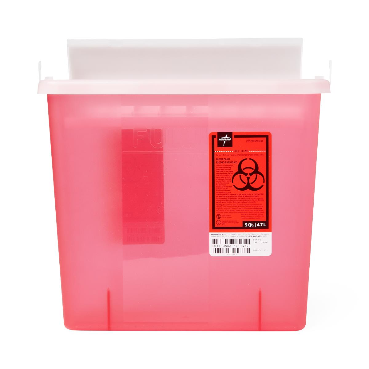 Patient Room Sharps Container with Counter-Balance Lid, Translucent Red, 5 qt.