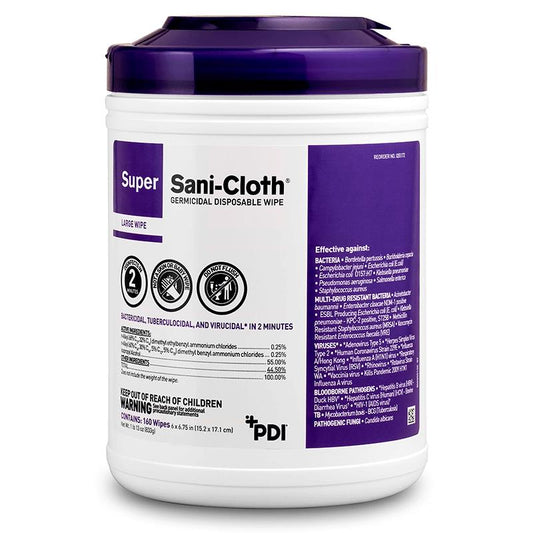 Super Sani-Cloth Germicidal Disposable Wipes, 6" x 6.75", Large Canister, 160 Count