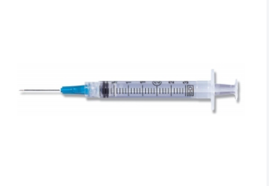 BD Luer-Lok Syringe with Attached Needle 25G x 1", Sterile, Single Use, 3 mL	100/BX