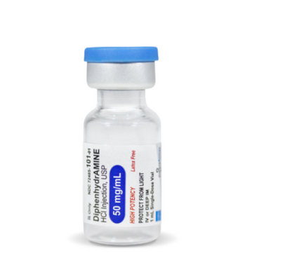 Diphenhydramine (Benadryl), 50mg/mL, 1mL SDV