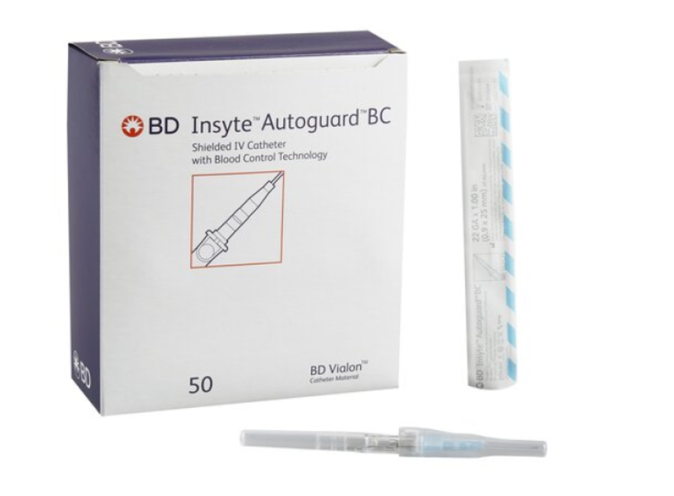22G x 1", BD Insyte, Box/50, Blood Control IV Catheters, Blue