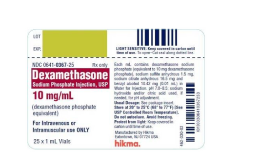1mL Dexamethasone Sodium Phosphate (Decadron) 10mg/mL, IV or IM, Box/25