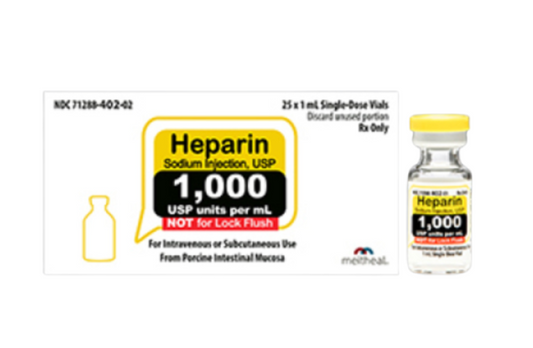 1000 Units/1 mL, Heparin Sodium Injection SDV, NDC: 71288-0402-02, Box/25, Meitheal Pharmaceuticals