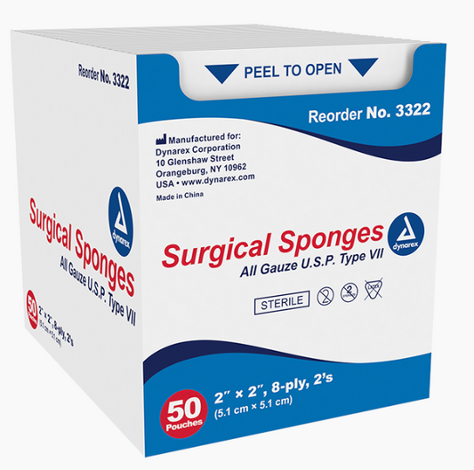 Gauze, Sterile 2's, 8 Ply- BX/50