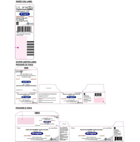 Diphenhydramine Hydrochloride Injection, 50 mg/mL, 25 x 1 mL Single-Dose Vial BX/25