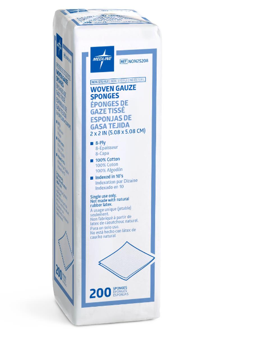 Woven Nonsterile Gauze Sponges, 8 Ply, 2" x 2" BX/200