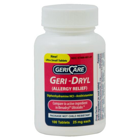 Geri-Dryl Diphenhydramine HCl Tablets, 25 mg, 100/Bottle 1/EA