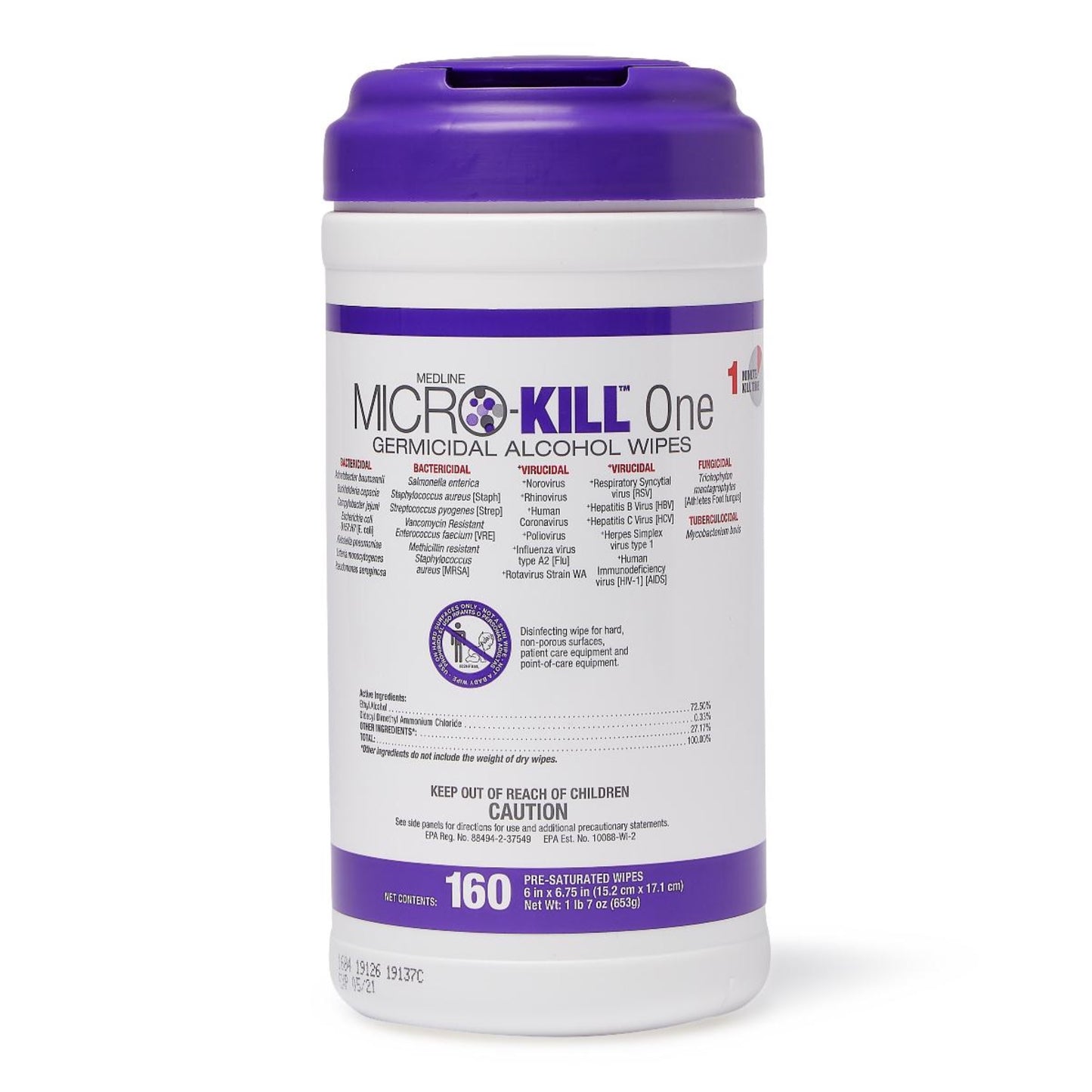 Medline Micro-Kill One Germicidal Alcohol Wipes, Reclosable Canister, 160-Count, 6" x 6.7 MSC351300 - 12 Cans each Case