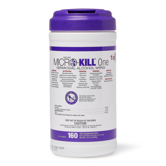 Medline Micro-Kill One Germicidal Alcohol Wipes, Reclosable Canister, 160-Count, 6" x 6.7 MSC351300 - 12 Cans each Case