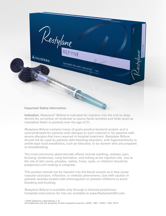 Restylane Refyne * Minimum Order in Restylane SKU is 6 Syringes - Can Mix and Match * Can take 7 to 10 business days to process first order (SHIPS TO MEDICAL OFFICE ONLY)