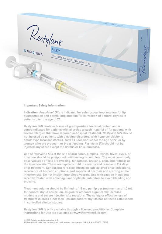 Restylane Silk 1mL * Minimum Order in Restylane SKU is 6 Syringes - Can Mix and Match * Can take 7 to 10 business days to process first order (SHIPS TO MEDICAL OFFICE ONLY)